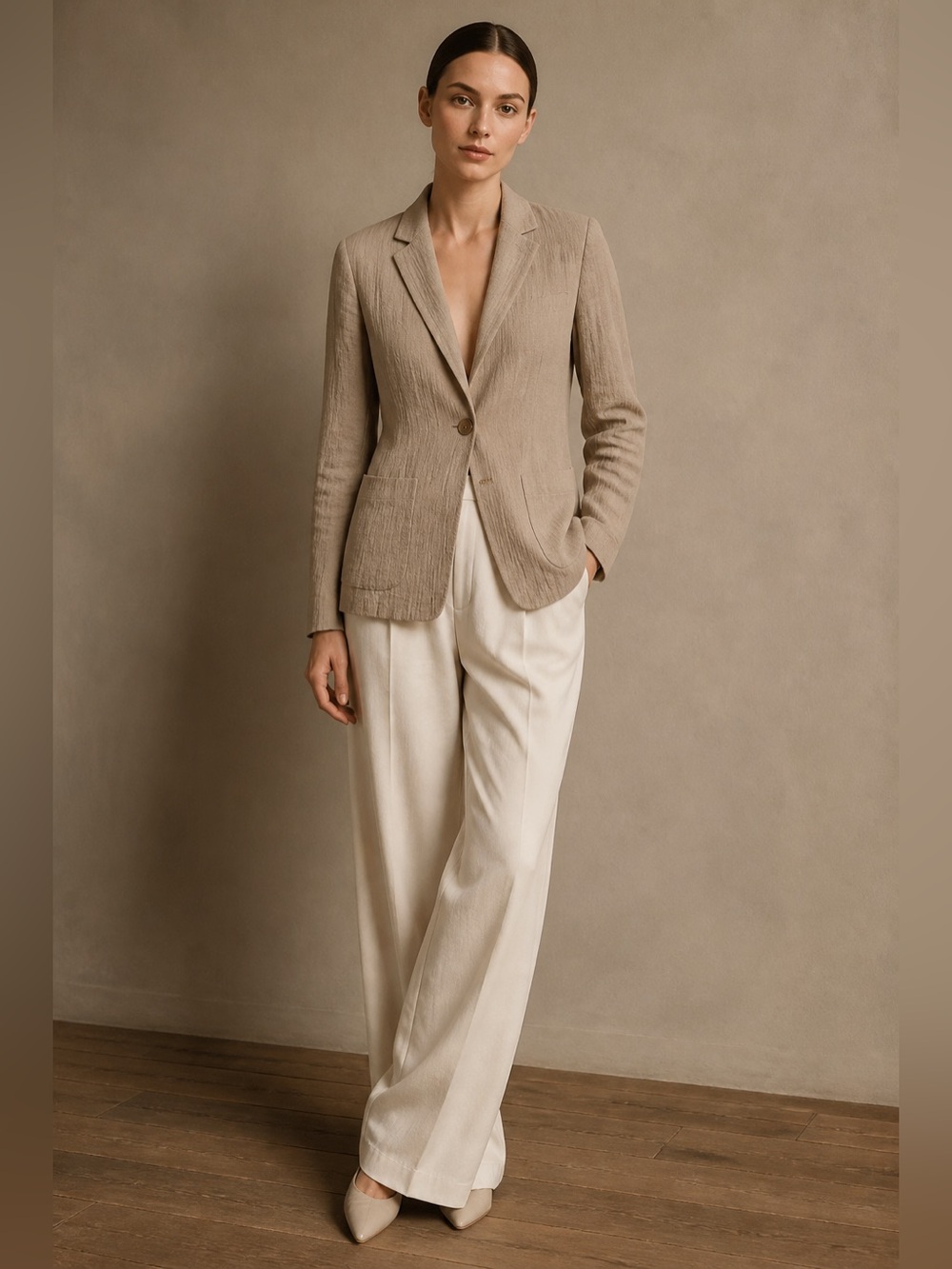 Armani Collezioni Taupe Textured Single-Button Blazer 6